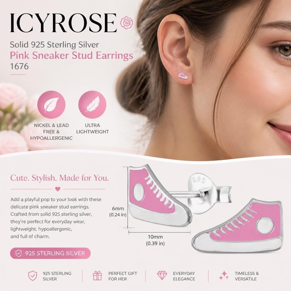 ICYROSE Solid 925 Sterling Silver pink Sneaker Stud Earrings 1676