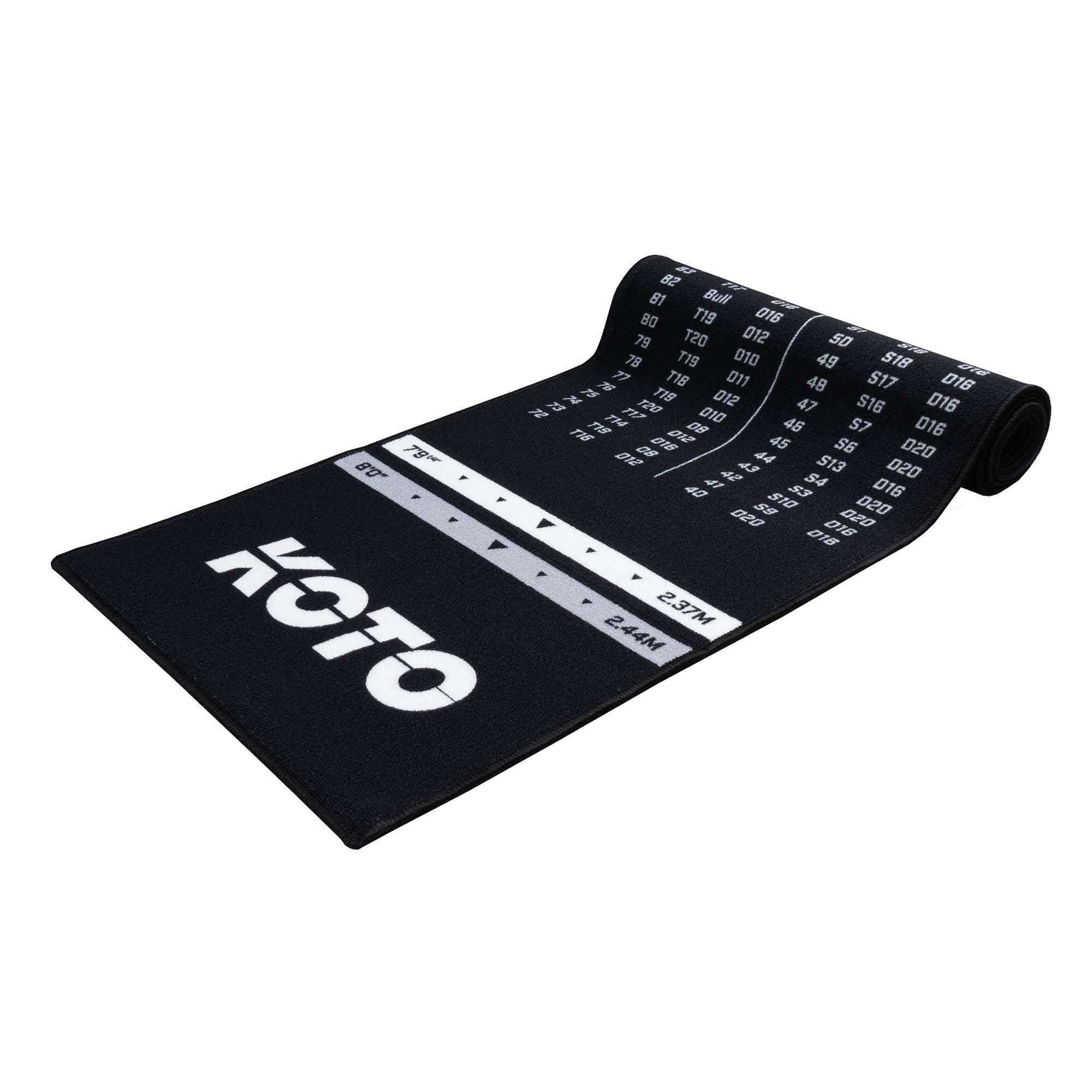 KOTO - Tapis Checkout Noir, 285 x 60 cm + Oche INCL. Indicateur de Score, Tapis de Fléchettes Antidérapant