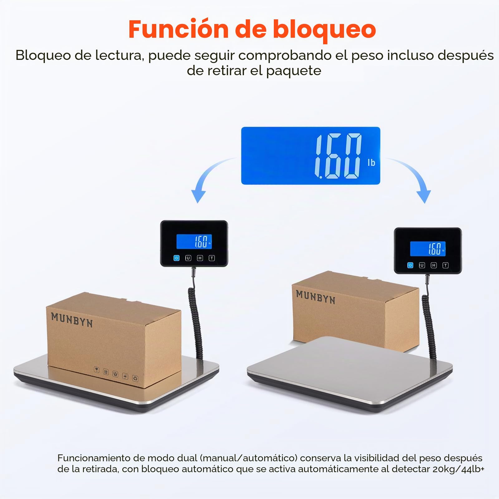 MUNBYN Bascula Industrial, Balanza Postal 200kg/50g, Bascula Maletas Viaje, con Función de Retención/Tara, Pantalla LCD, Acero Inoxidable, para Equipaje y Almacén, Incluye 2 Pilas AAA y Cable Tipo C