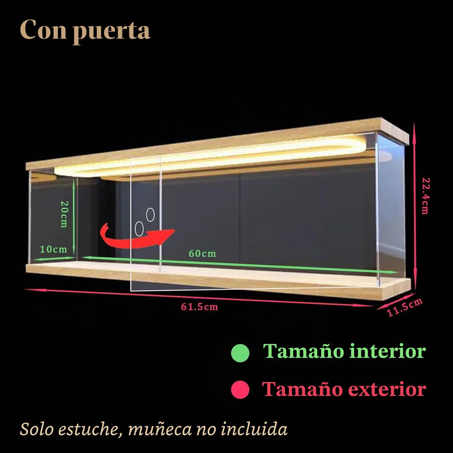 Vitrina Expositora Transparente Acrílico Luz LED, Madera 60x10x20cm