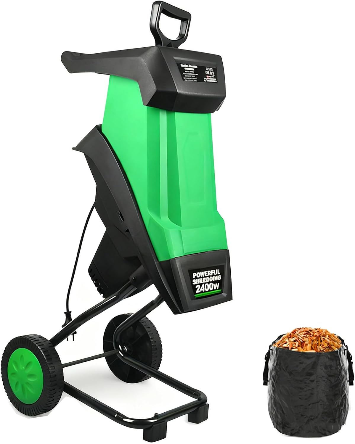 2400W Garden Shredder, Impact Electric Wood Chipper,Double-Sided Manganese Steel Blades and Crush up to 40mm, 4500rpm, with Debris Bag and Overload Protection Switch
