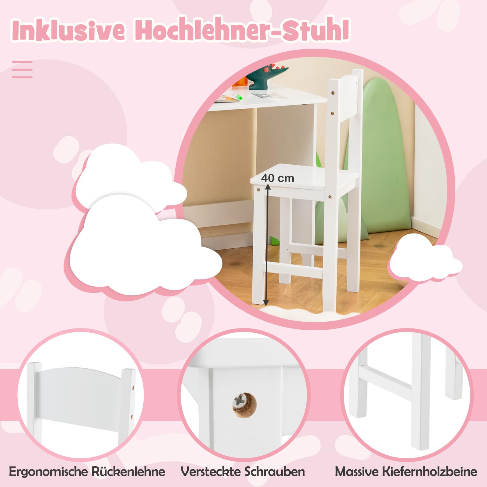DREAMADE Kinderschreibtisch mit Stuhl, Schülerschreibtisch aus Holz, Jugendschreibtisch, Kinder Schreibtisch für Kinder mit Bücherregal & Aufbawahrungsschrank & Ablage & Pinnwand (Weiß)