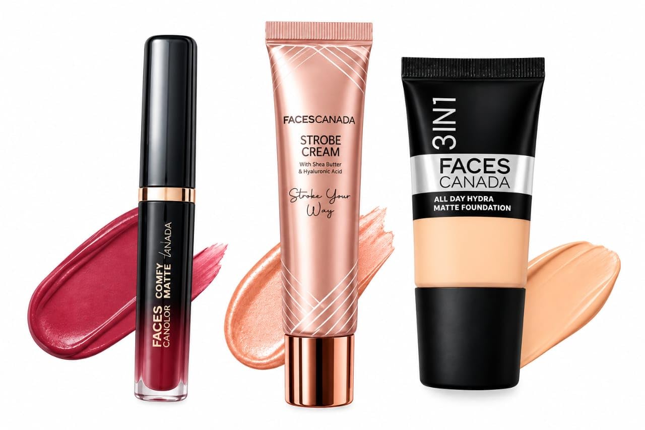 faces canada makeup combo lipstick strobe cream foundation | 3-in-1 set, matte finish, hydra foundation, shea butter & hyaluronic, comfy matte lip