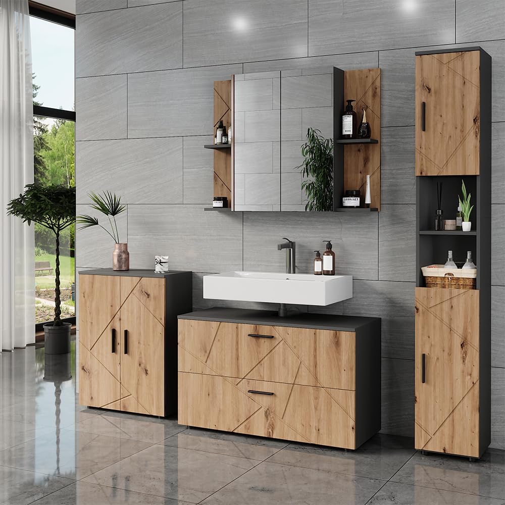 Vicco Meuble sous Vasque Irma, Anthracite/Chêne de Force doré, 100.1x60.6cm avec 2 tiroirs, Convient aux lavabos Standards avec découpe pour Siphon