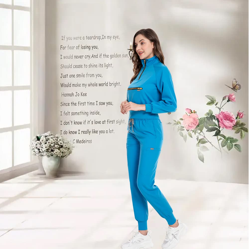 niaahinn Scrub Set with Long Sleeve for Women Scrub Top & Jogger Scrub Pants Medical Working Uniforms with Pockets (Blue, X-Large)