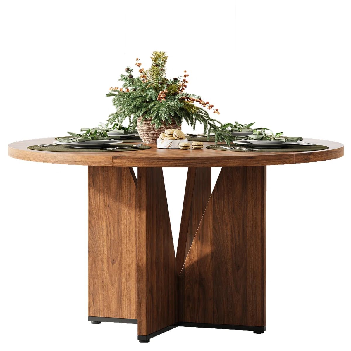 LIKEMET 47 Inch Round Dining Table, Wooden Dinner Table for 4, 1.2-inch Thick Tabletop and Legs, Kitchen Tables with Cross Base for Dining Room, Kitchen, Living Room, Walnut(Table Only)