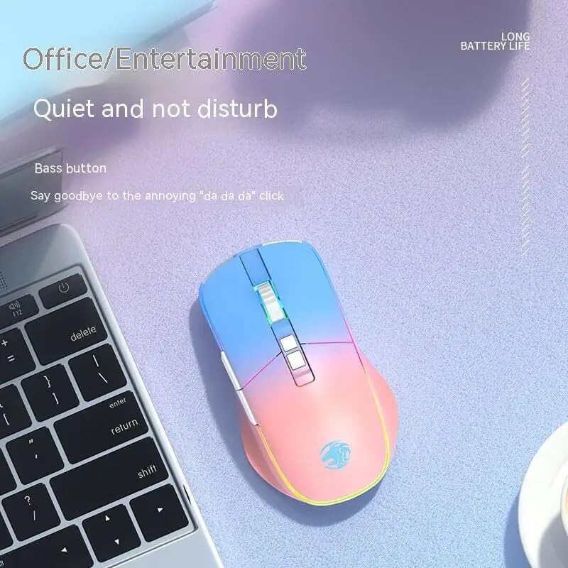 The Eweadn G308 mouse in blue and pink, positioned next to a laptop keyboard, illustrating its suitability for office and entertainment use. Text on the image says 'Office/Entertainment Quiet and not disturb'.