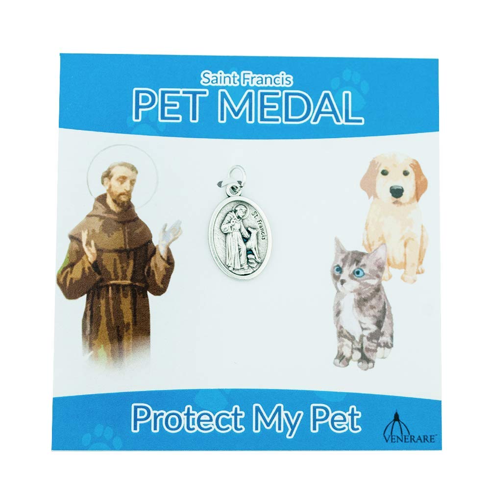 Venerare St. Francis Pet Medal | Small Oval Pet Collar Charm | A Great Gift for Pet Lovers | Comes with Different Colored Card | Christian Pet Goods (Blue Card)