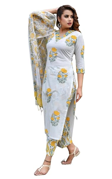 KLOSIA Women Straight Block Printed Kurta and Pant Set with Dupatta