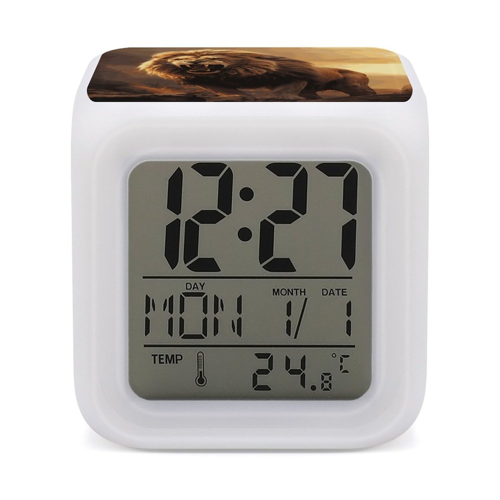 VstaDank Angry Roaring Lion Alarm Clock with 7 Color Changing Night Light Date Temp Display Wake Clocks LED Display Digital Clock Electric Desk Clocks for Living Office Bedroom Decor