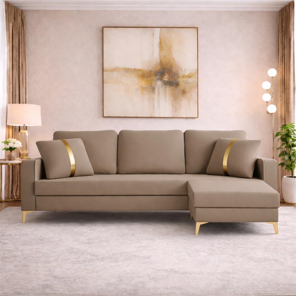 Adorn India Premium Chandler - 3 Years Warranty - L Shape 4 Seater Sofa Set Velvet Suede Fabric - Beige-image-18