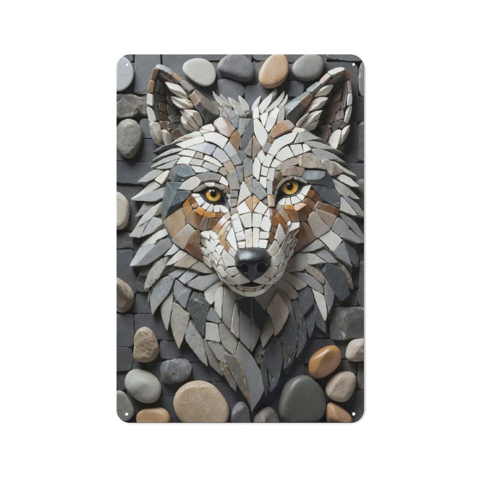 Stone Mosaic Wolf Head Art Rustic Metal Wall Decor 30x20cm, Decorative Metal Plaque for Shed, Garden Room, Porch Or Garage