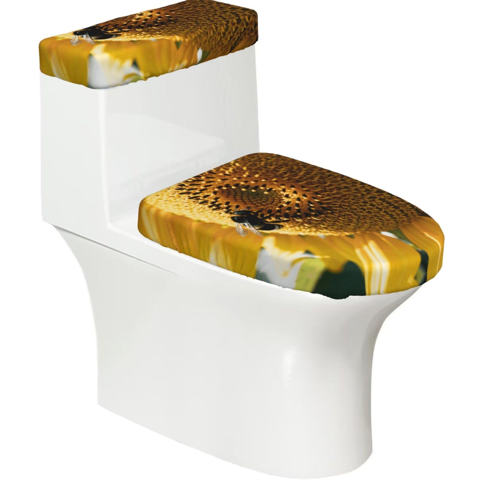 Cntdbu Black Sunflower Bee Pollen Stretchy Toilet Lid And Tank Cover Set-Soft Elastic Bathroom Decor For U Shape Oval