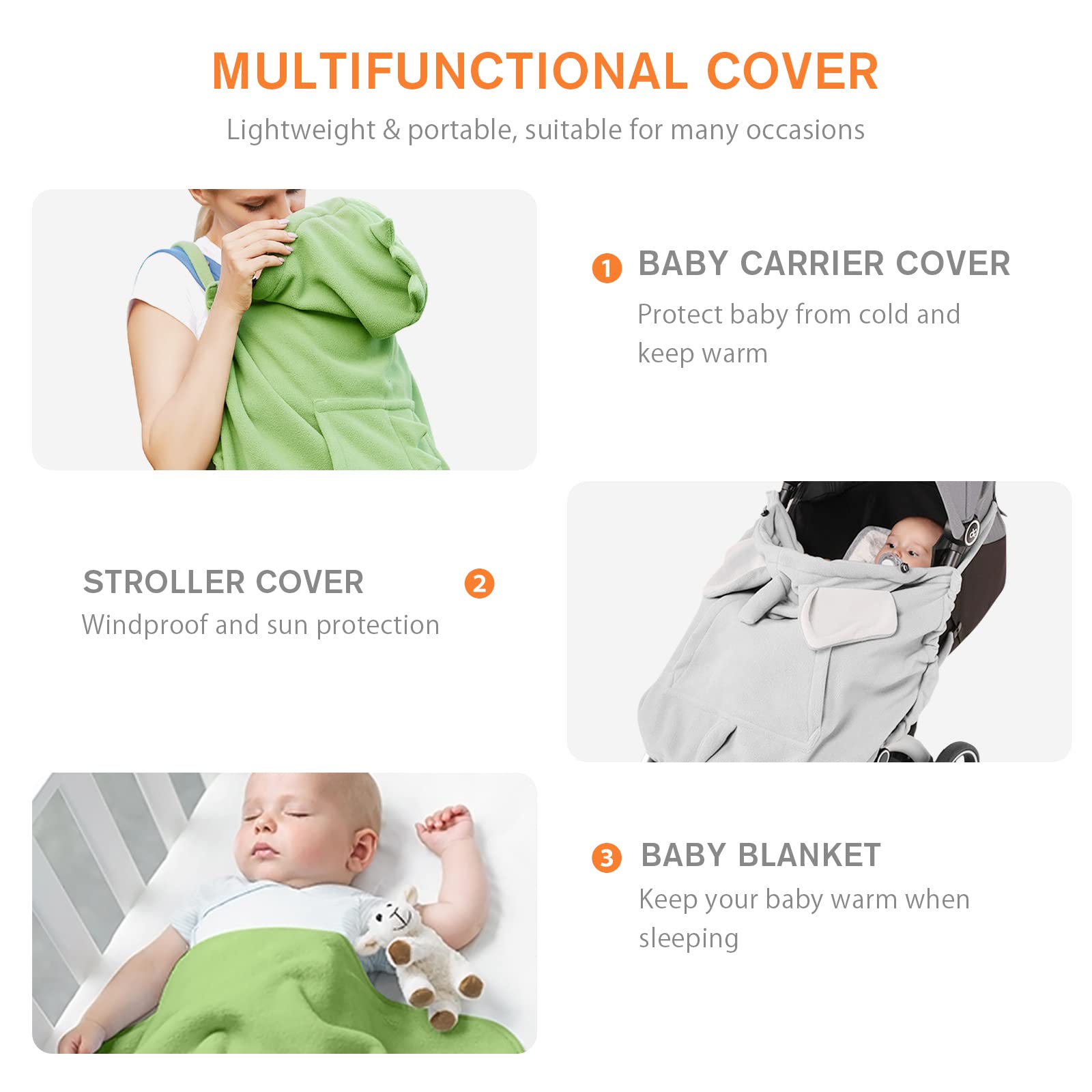 SONARIN Copertina per Marsupio Caldo,Universale Copri Marsupio Cover Invernale per Fascia Portabebè Incappucciato Copertura Mantello A Prova di Vento con Tasca Frontale(Verde)