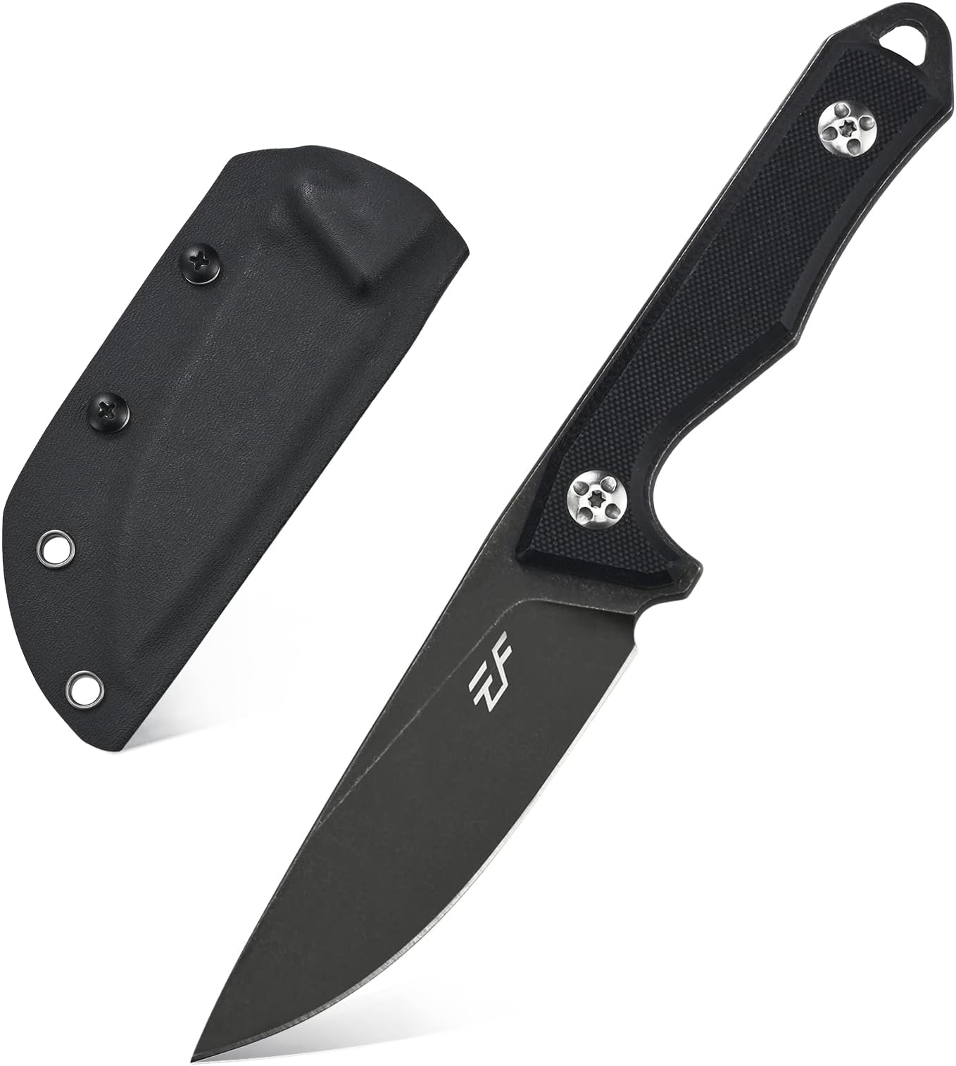 EF107 Fixed Blade Knife with D2 Steel Blade and Kydex Sheath - G10 Handle Compact Outdoor Field Utility Knife (Black)