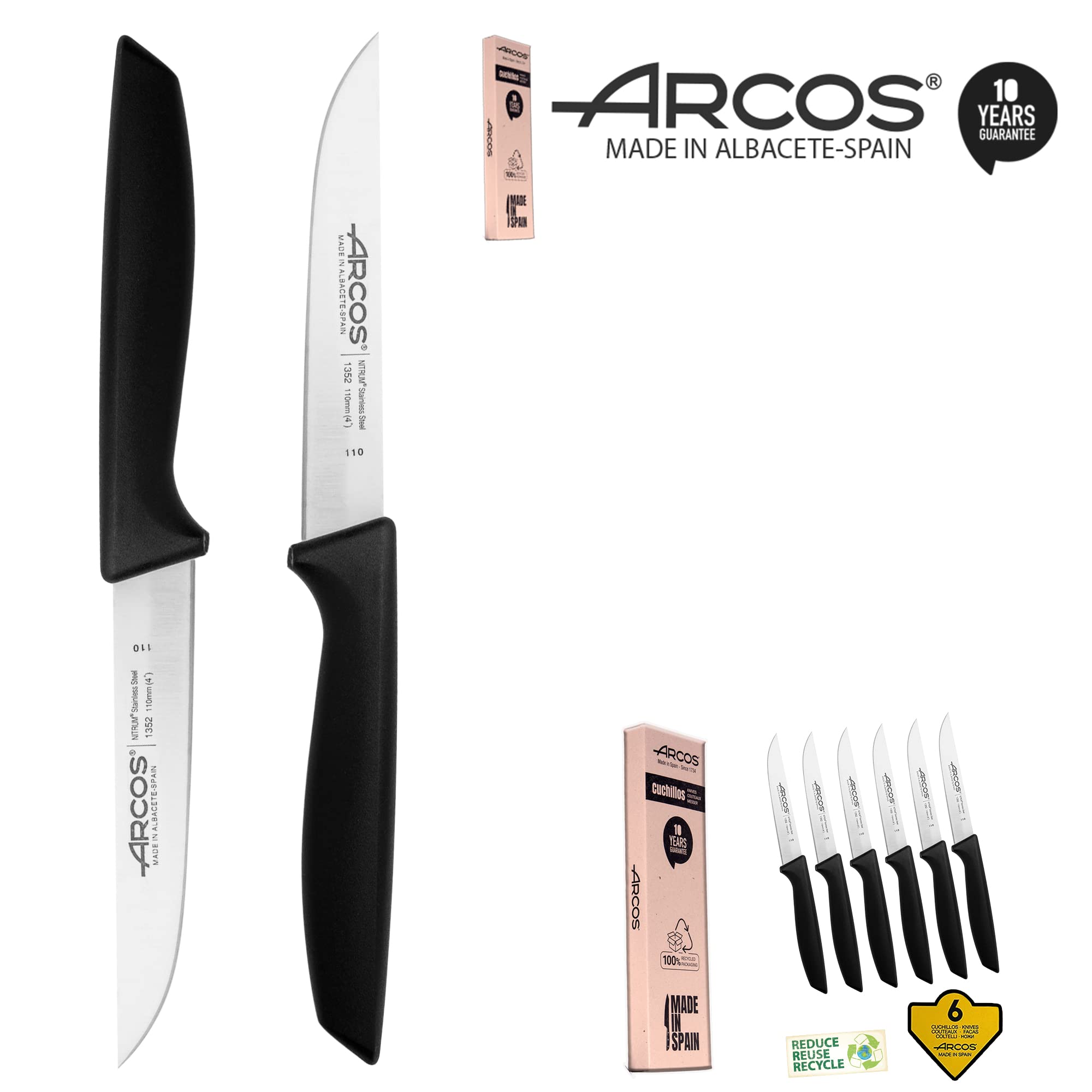 Jeu De 6 Couteaux De Cuisine Professionnels Arcos - Acier Inoxydable, Poignée Noire | Lave-vaisselle, Garantie 10 Ans