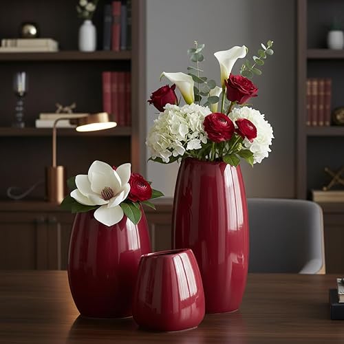 Miniatura 8 de hjn Juego de 3 jarrones de cerámica rojos para decoración del hogar, moderno jarrón decorativo para floreros para tu decoración ideal de estante,