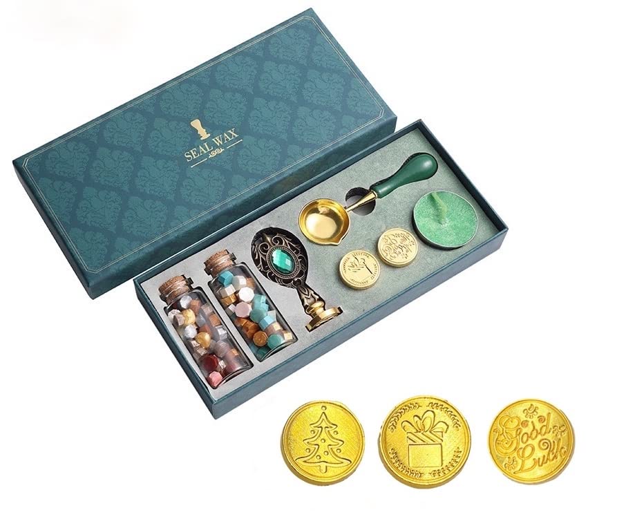 24x7 eMall Wax Seal Stamp Kit, Wax Seal Kit, Seal Stamp Kit, Wax Seal Stamp for Craft with Wooden Handle, Sealing Wax Melting Spoon, Candles, and Fine Gift Box 3 Stamps