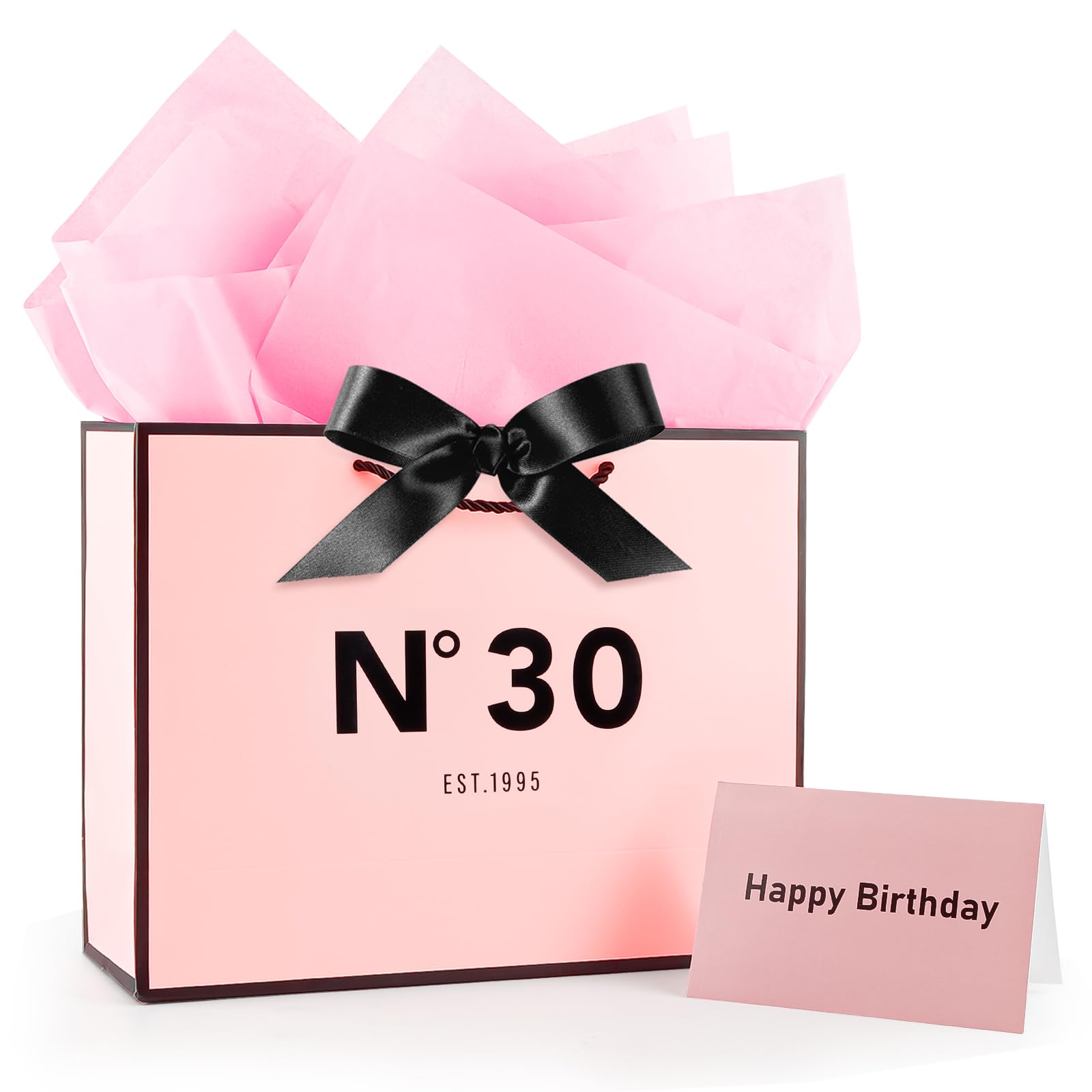 Women Pink 30th Birthday Gift Bag 13" with Card Bow Ribbon and Tissue Papers for Celebrating Girls Women1996 Born Birthday Anniversary Present Paper Bags for Gifts Wrapping(EST.1996 30th) — image 1