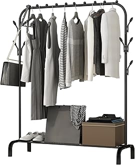 Holdfiturn Heavy Duty Clothes Rails Clothing Rail for Bedroom 147.5x110x40.3cm Clothing Coat Rack with Storage Rack Hanging Rail for Clothes Hanger Balcony Clothes Drying Rack for Home Office (Black)