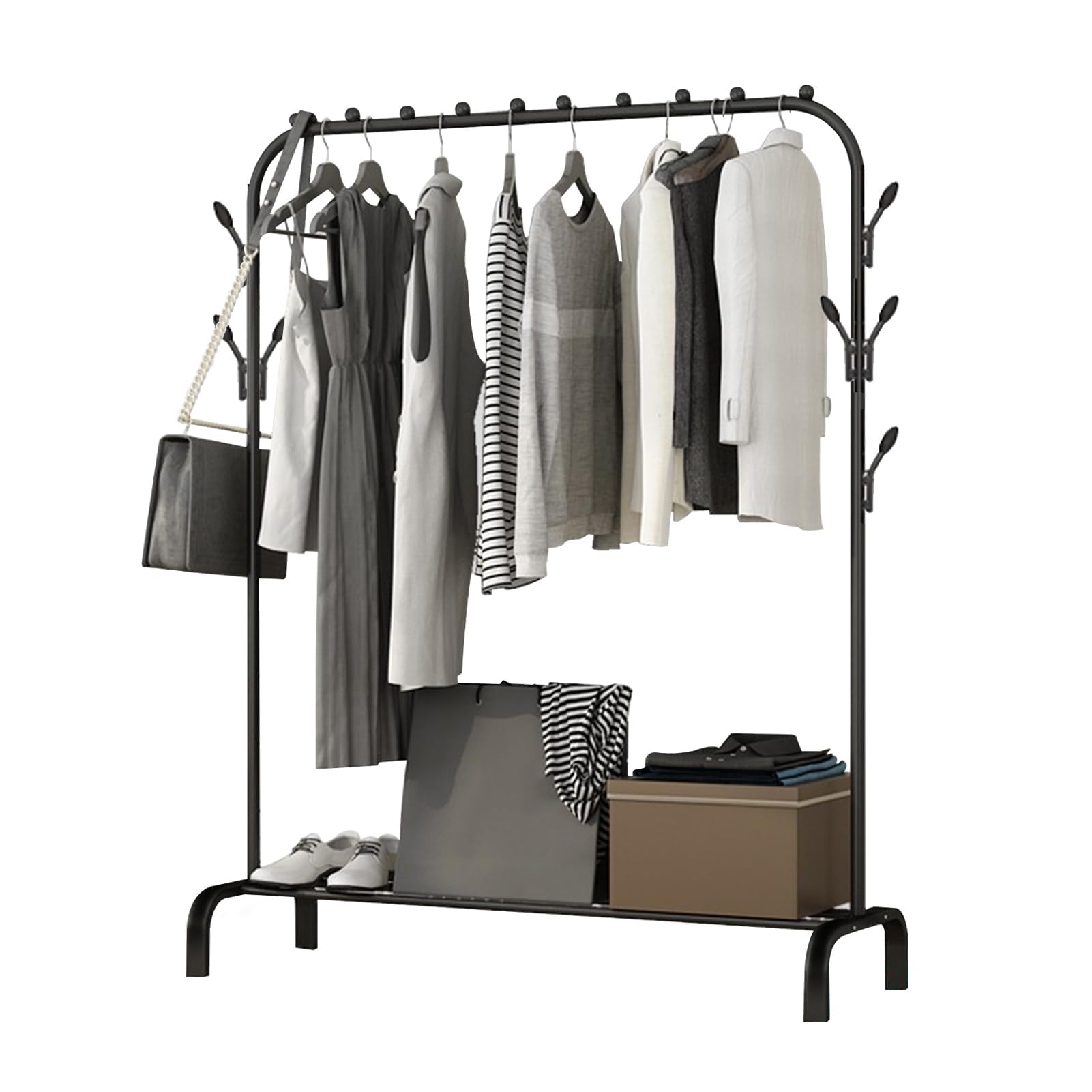 Holdfiturn Heavy Duty Clothes Rails Clothing Rail for Bedroom 147.5x110x40.3cm Clothing Coat Rack with Storage Rack Hanging Rail for Clothes Hanger Balcony Clothes Drying Rack for Home Office (Black)