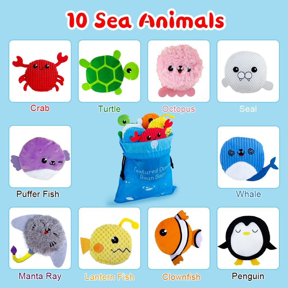 teytoy 10 Packs Sensory Bean Bags for Kids,Texture Sensory Beanbags,Sensory Toys for Autism Kids,Toddler Sensory Toys,Marine Animals Beanbags with Storage Bag,Fine Motor Toys for Preschoolers