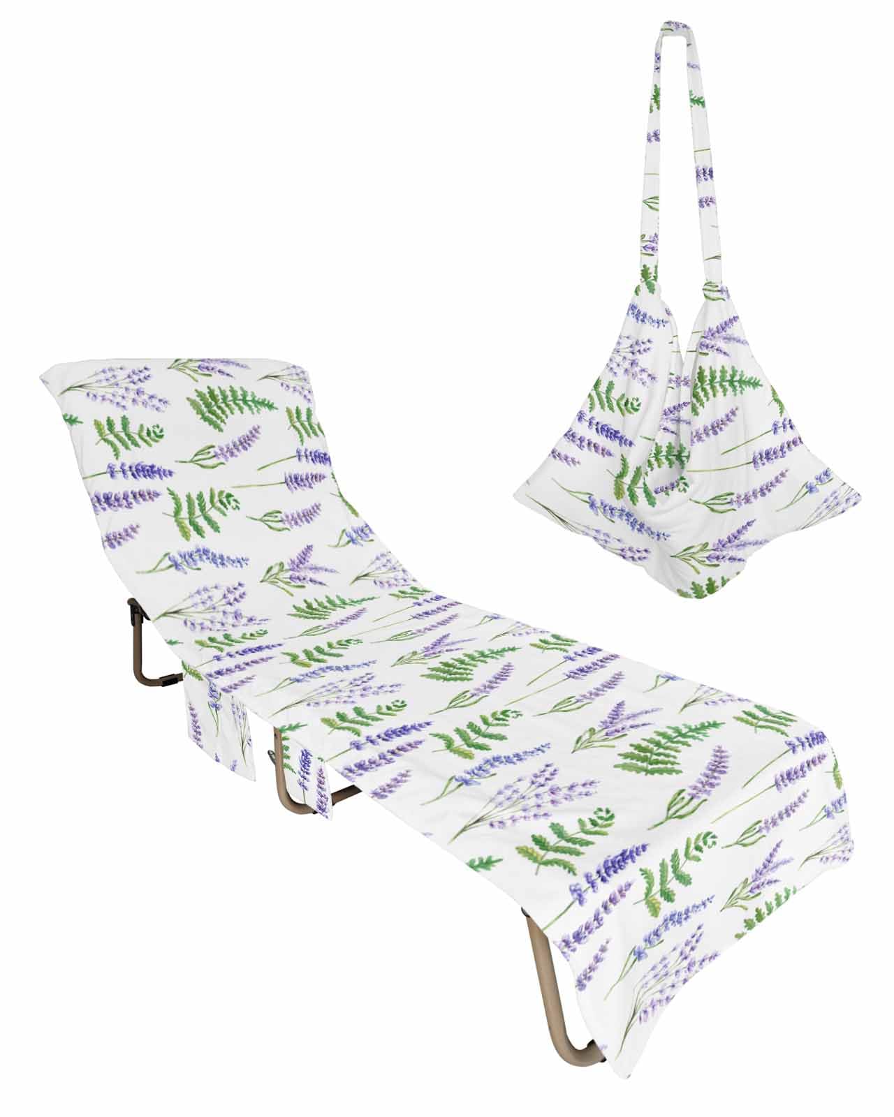 Purple Lavender Beach Lounge Chair Towel Cover, Soft Chaise Lounge Towel with Side Pockets Patio Pool Chairs Cover for Beach/Pool Sunbathing 29x85 Green Leaves Spring Summer Botanical White