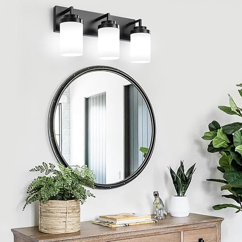 Miniatura 8 de Lámpara de tocador negra de 19 pulgadas para baño, lámparas de baño de 3 luces sobre espejo, accesorios de iluminación de tocador negros con