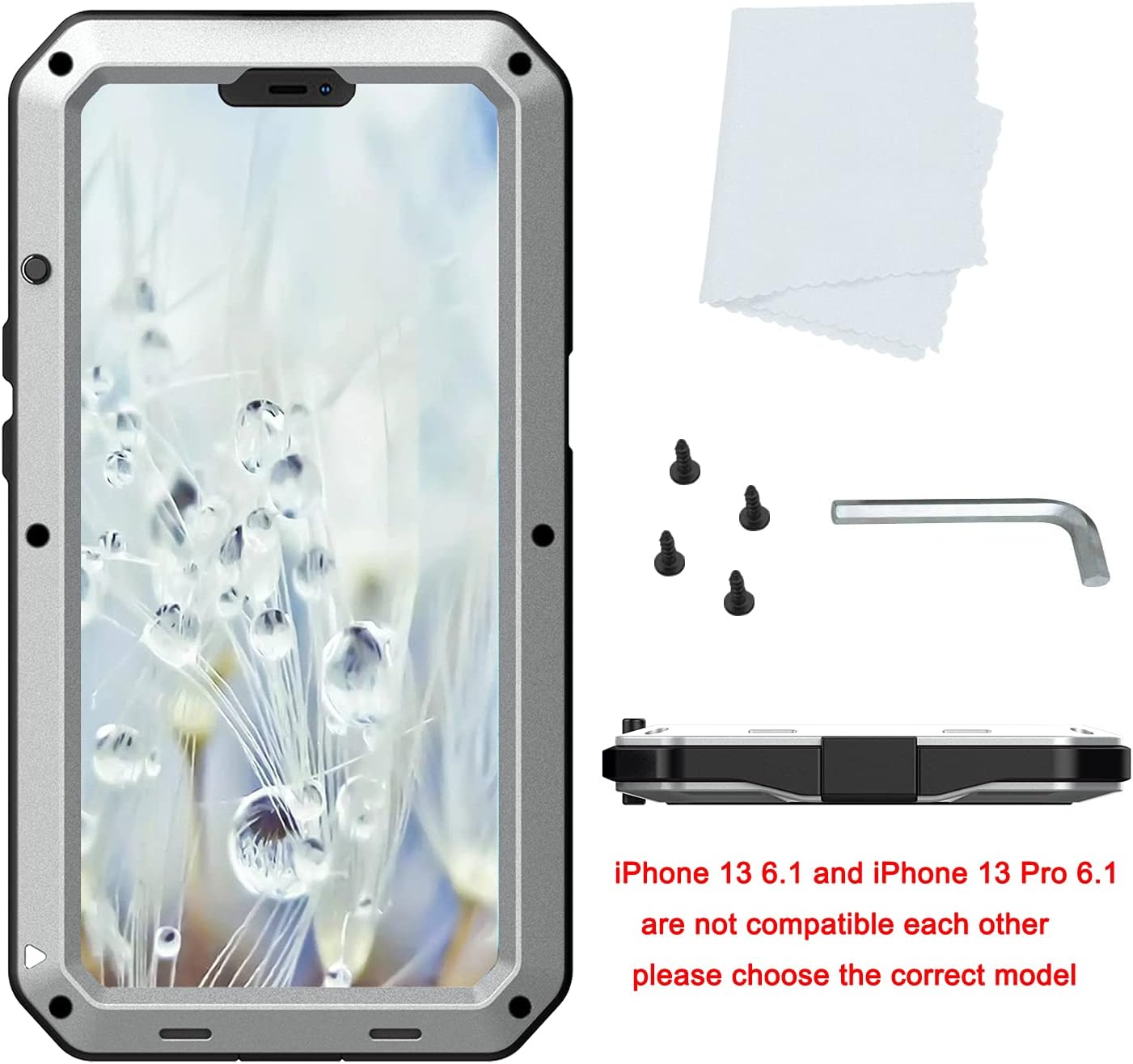 Marrkey for iPhone 13 Case, 360 Full Body Protective Cover Heavy Duty Shockproof Tough Armour Aluminum Metal Case with Silicone Built-in Screen Protector for Apple iPhone 13 6.1 Inch - Silver
