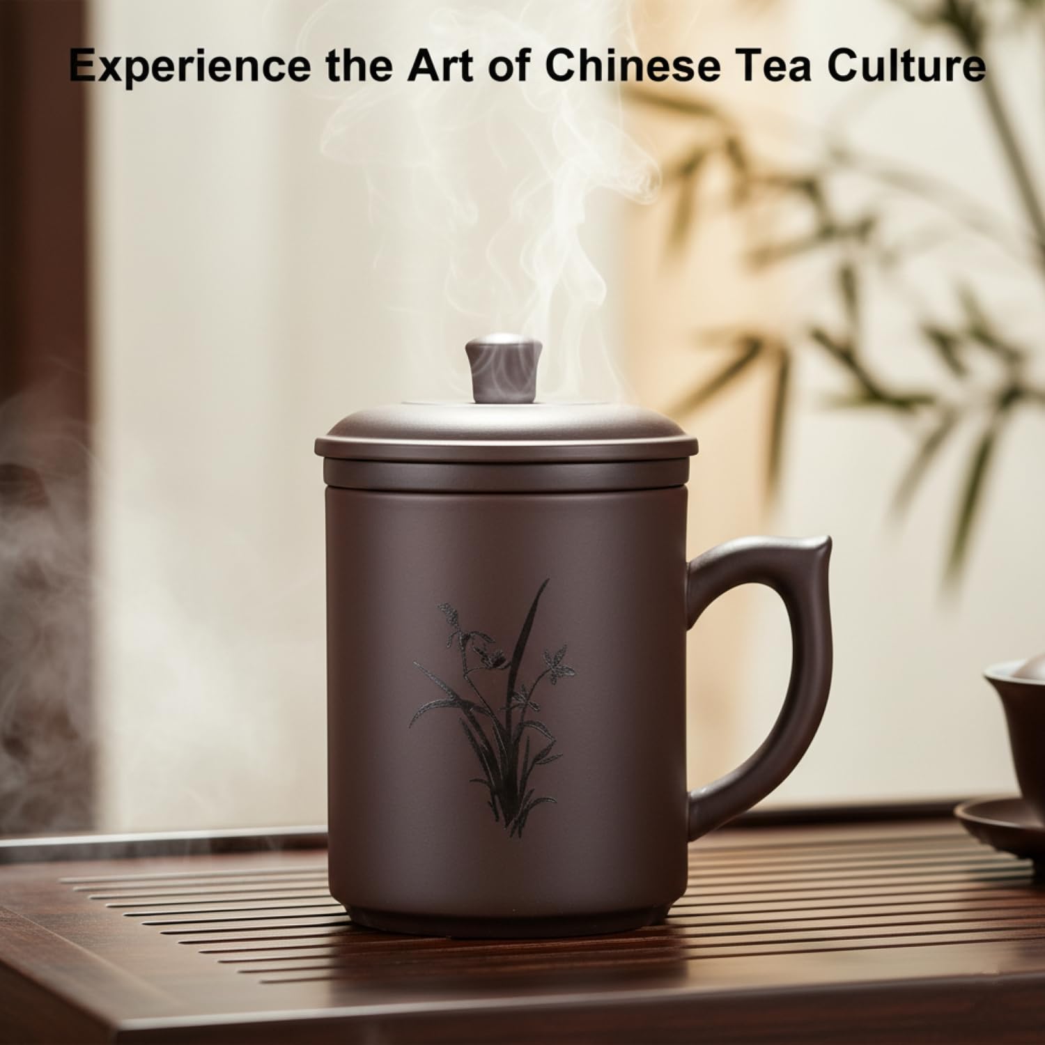 I-MART Tasse à thé, tasse à thé en argile violette avec infuseur et couvercle (383 g – fleur)
