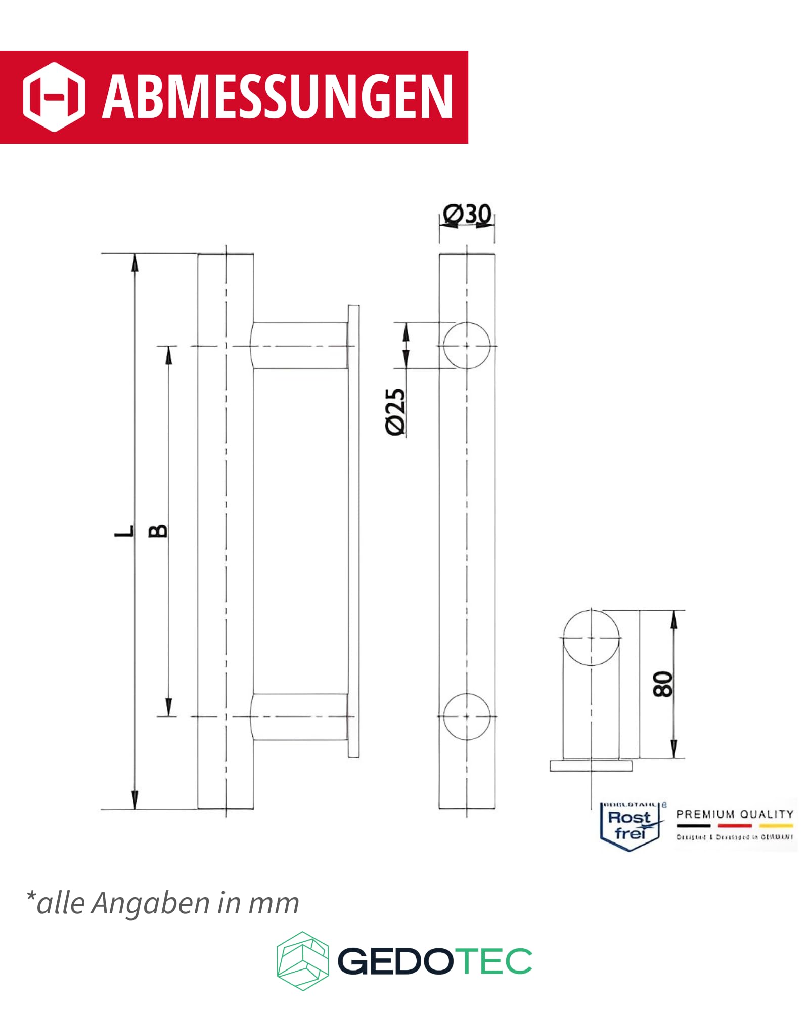 Gedotec Maniglia per Porta | Maniglia a T in Acciaio Inox per Cucina, Credenze, Armadi, Cassetti, Guardaroba, Cancelli e Porte Interne | Fatto in Germania | H8000 | 1200 x 1000 mm | Ø 30 mm | 1 Pezzo