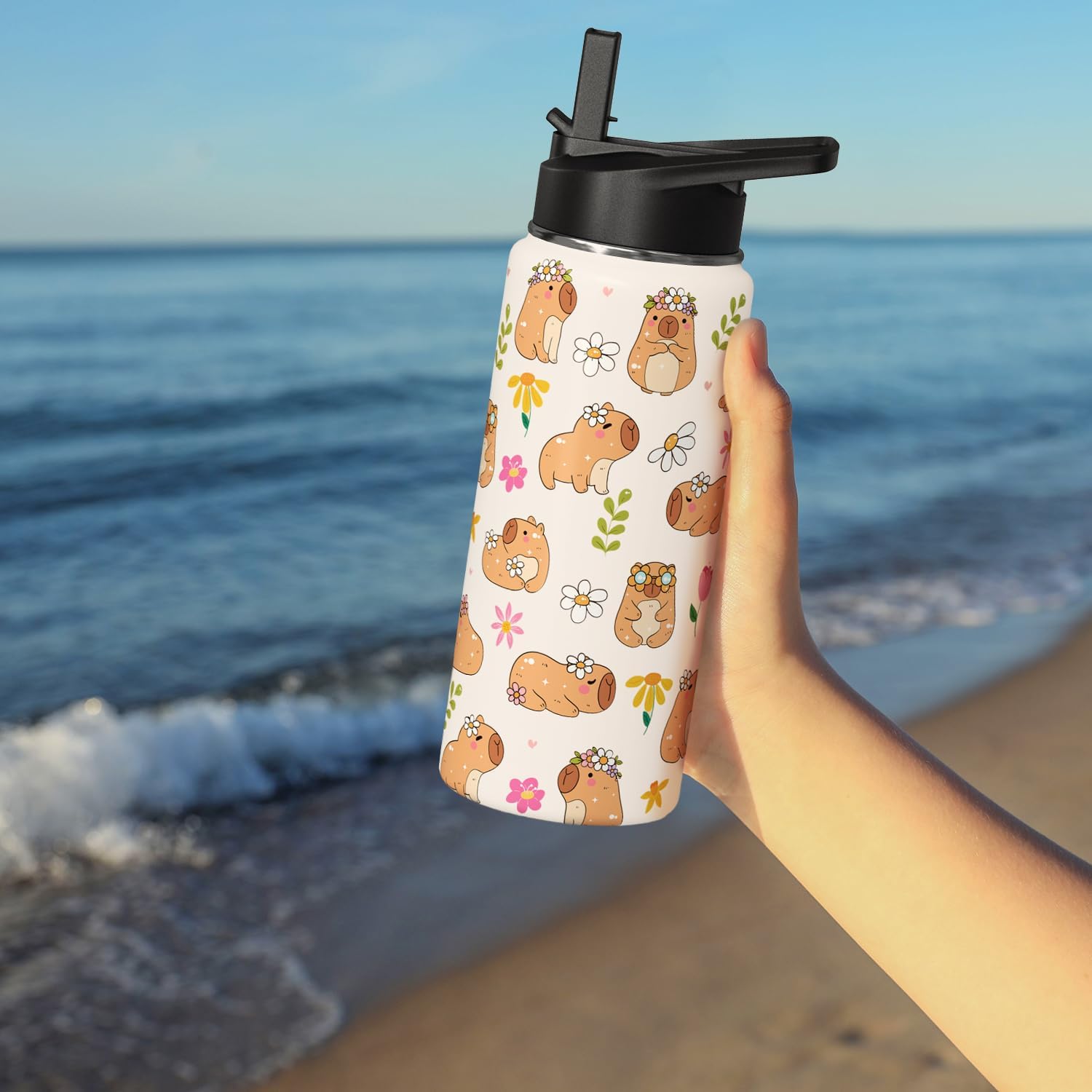 Capybara Water Bottle 18oz Cute Kawaii Thermoses Insulated Sports Bottles Cup with Handle and Flip Straw Capybara Gifts Stuff for Kids Girls Women - Image 7