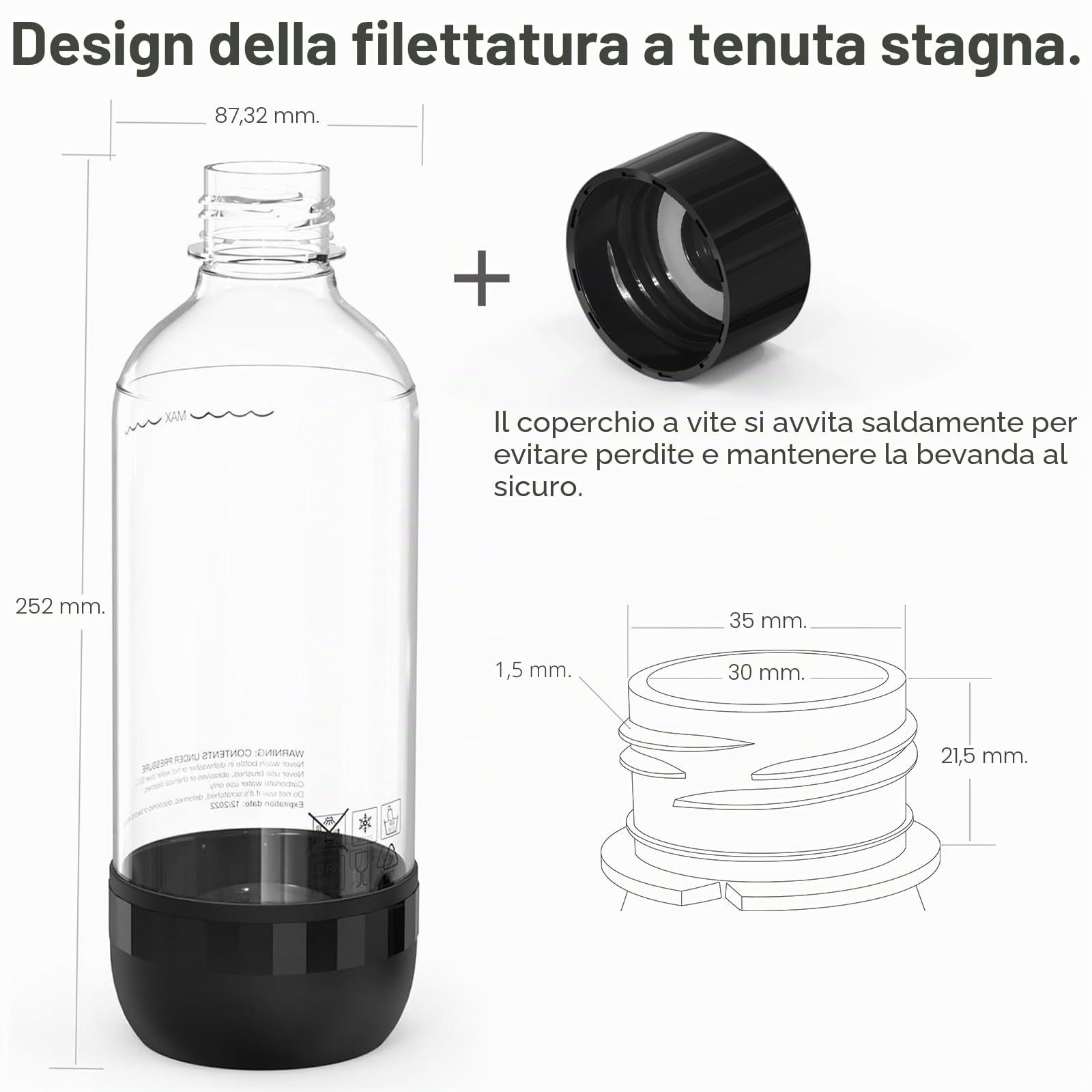 Bottiglie per Soda 1L, Confezione da 2, Senza BPA, PET, Riutilizzabili, 2x Nere, Compatibili con Macchine per Soda e Acqua Frizzante