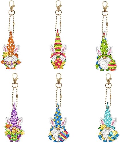 6 llaveros de pintura de diamantes por números, kit de arte para manualidades, llavero de diamantes de imitación hecho a mano, gnomo de Pascua,