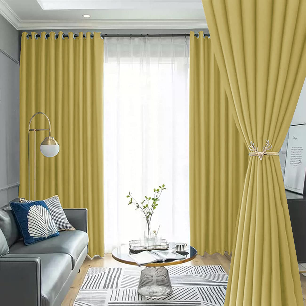 JUDA 2 Panels 75% Blackout Curtains Drapes for Livingroom Bedroom Basics Room Window Darkening Blackout Window Curtains Top is Eyelets (Yellow 12, 150X270 CM)