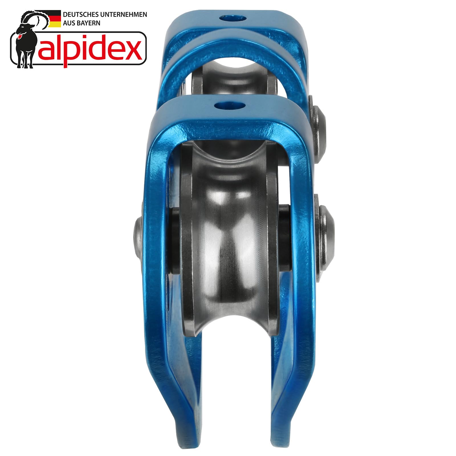 ALPIDEX Tandemrolle Seilrolle 20 kN | Umlenkrolle | Tandem Pulley | Norm EN12278 | Kugellager | Doppelte Rollen | Stahlseile bis 12 mm Ø | Textilseile bis 13 mm Ø | Doppelseilrolle - Farbe: blau