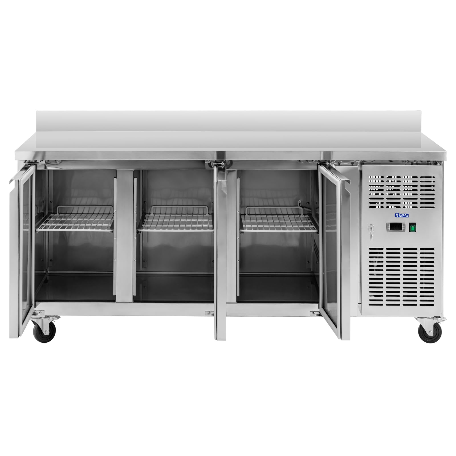 Royal Catering Mesa Refrigerada de 410 L y 179,5 x 70 cm con Ruedas 3 Compartimentos y Antisalpique Clase B en Acero Inoxidable Bajomostrador con refrigeración Mostrador refrigerado para hostelería