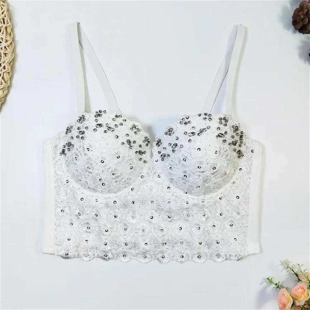 Yeuyyben Top corto de encaje con hombros descubiertos y diamantes de imitación para mujer, corte ajustado, sin mangas, para verano, casual, elegante, blanco, M