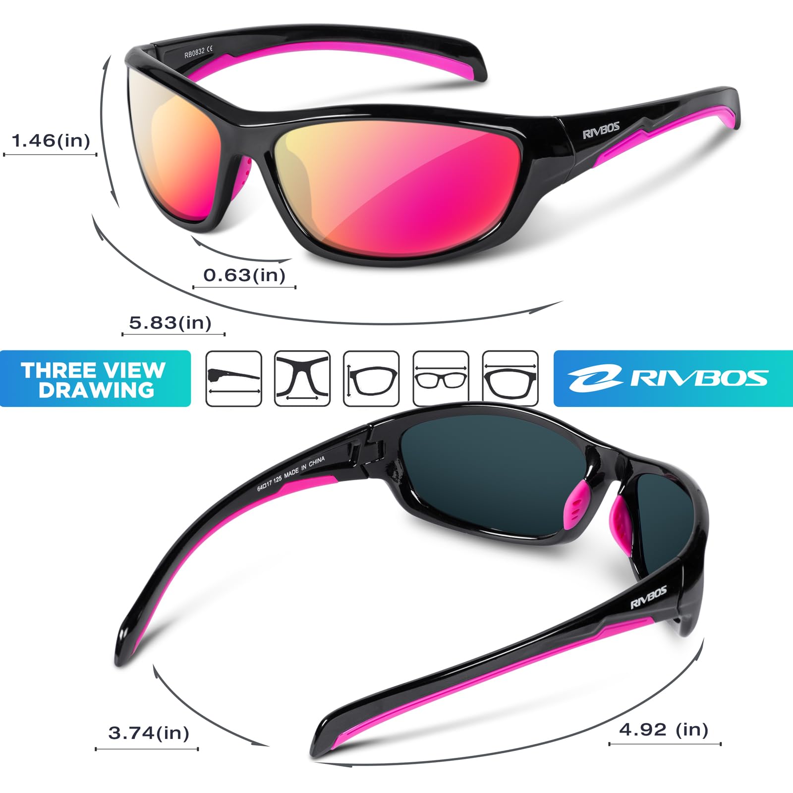 RIVBOS Polarized Sports Sunglasses Driving shades For Men TR90 Unbreakable Frame RB832, Blackpink - Image 2