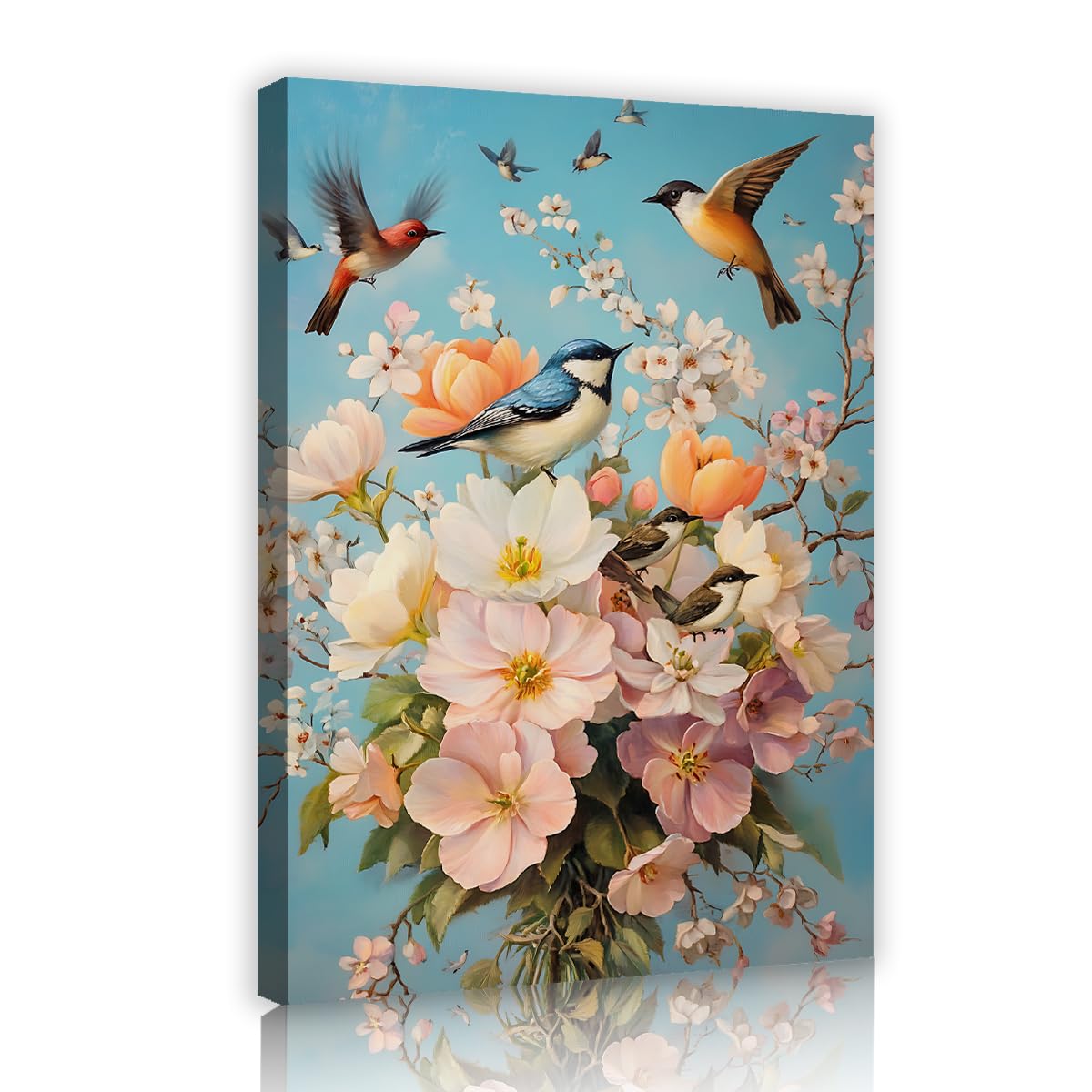 TOANGWALL Flying Birds Canvas Wall Art Pastel Flower Bouquet Painting Blue Sky Botanical Mural Pictures Artwork Modern Framed Poster Prints For Bedroom Guest Room Decor 30x45cm