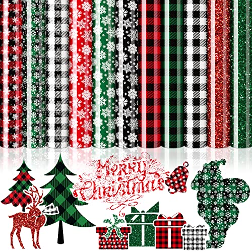 AnyDesign 11 Sheet Christmas Heat Transfer Vinyl Glitter HTV Iron on Vinyl Snowflake Plaid Pattern Adhesive Craft Vinyl for Christmas Holiday DIY Fabric Silhouette Hat Bag Craft Supplies, 9.6 x 11.8