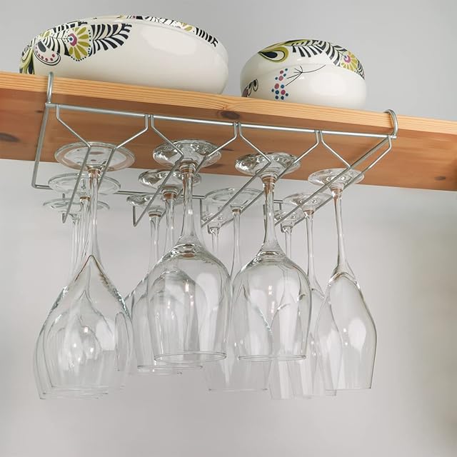 DIVCHI Wine Glass Rack Under Cabinet, Punch-Free 4 Rows Stemware Wine Glass Metal Holder, Hanging Wine Glasses Storage Hanger Organizer for Shelf Kitchen Bar Decor