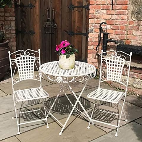 GlamHaus Garden Bistro Set Metal Foldable Patio 3 Piece Garden Balcony Furniture Folding Table and Two Chairs Antique Cream Beautiful Handmade Vintage Outdoor Dining Set Seville Cover
