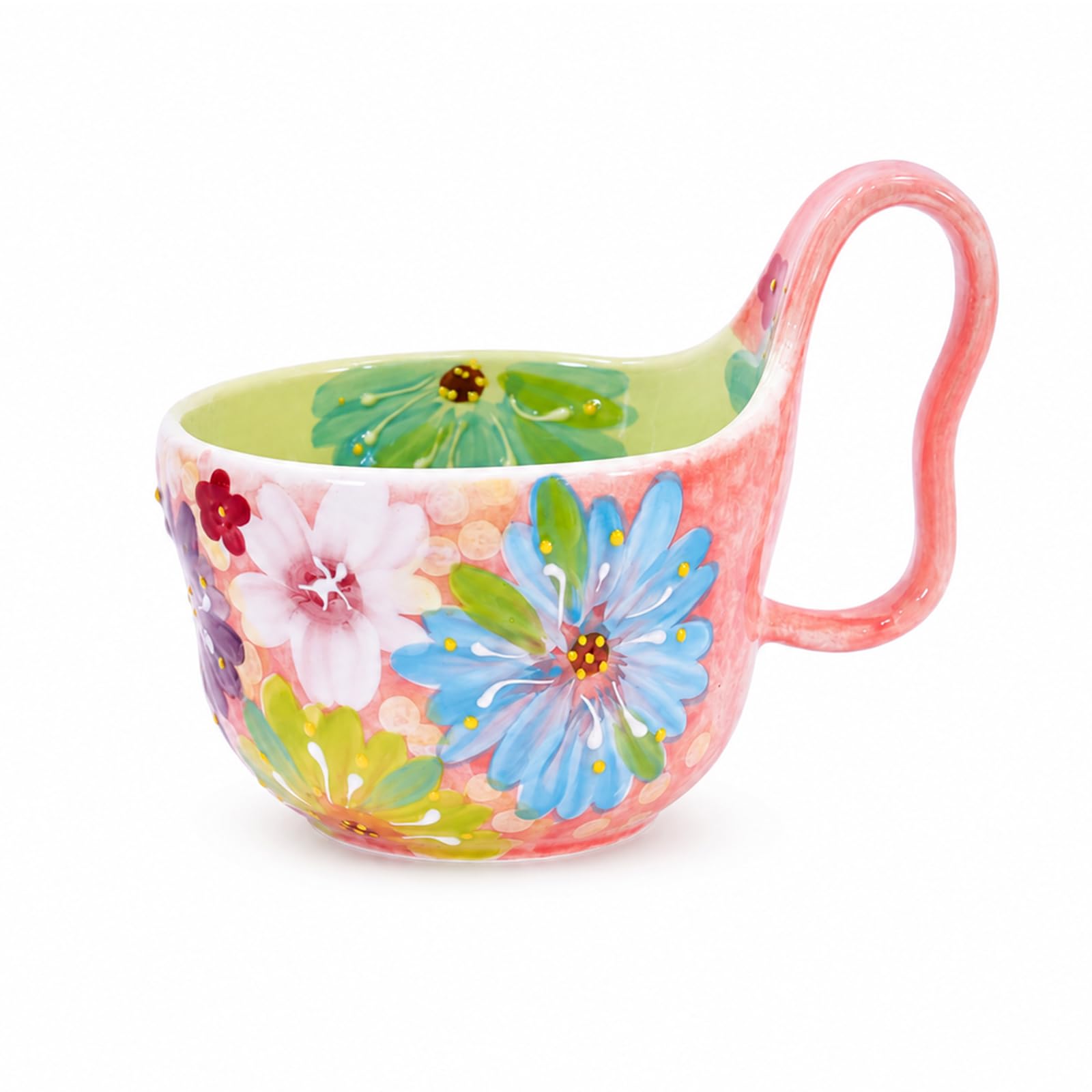 Soup Bowls With Loop Handle 16oz Handpainted Ceramic Cereal Bowls for Women Microwave &amp; Dishwasher Safe Handmade Flower Soup Mug for Milk, Oatmeal,Ice cream, Fruits, Snack, Salsa Gift for Women Pink