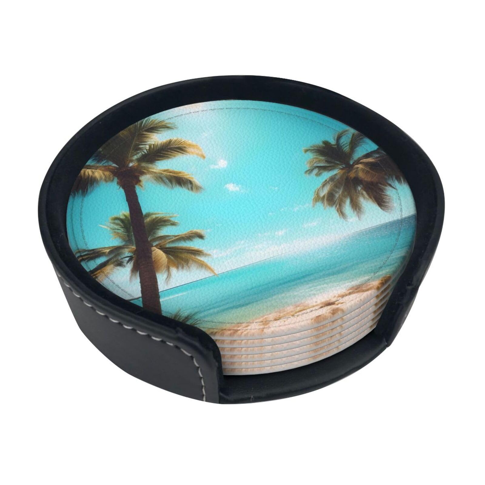 Lot de 6 dessous de verre en polyuréthane imprimé palmiers mer pour verres