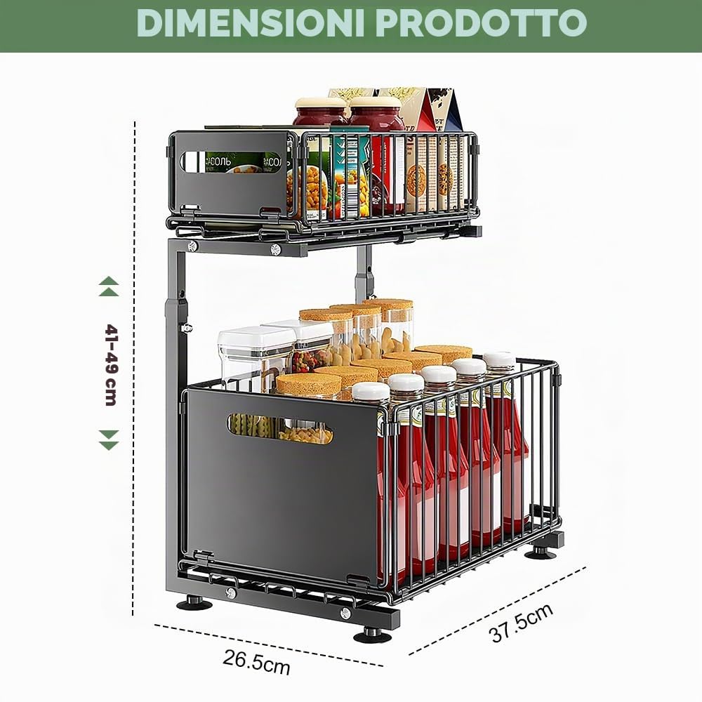Organizer Sottolavello Cucina Salvaspazio, Ripiano Scorrevole Estraibile, Scaffale Cucina con Cestello Estraibile, Portaspezie Salvaspazio in Metallo, Organizzatore Lavandino Multiuso - Nero