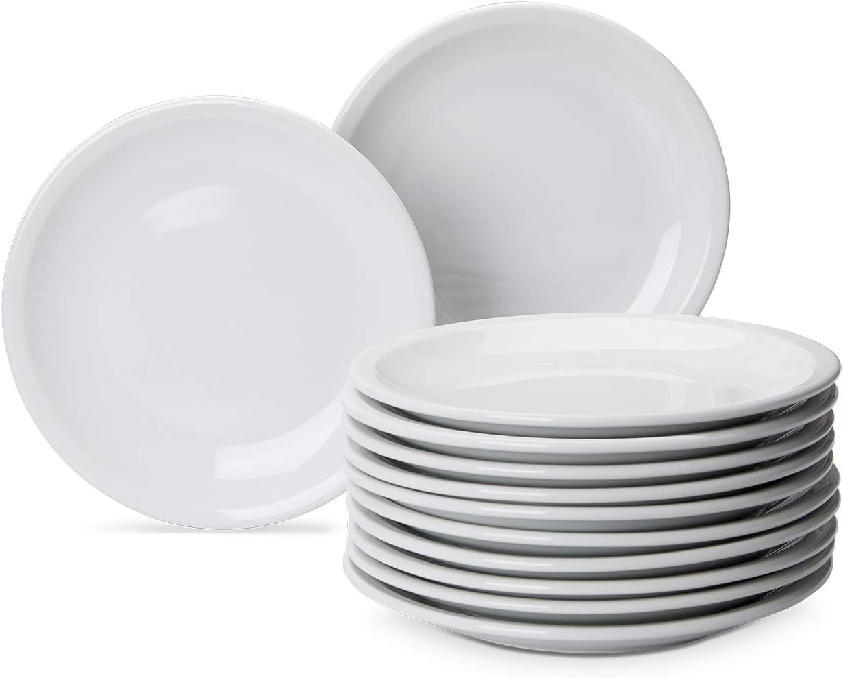 Amazon Basics 12-Piece Porcelain, 7 Inch Dessert Plate Set, White (Previously AmazonCommercial Brand)