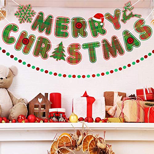 GAGAKU Merry Christmas Banner Red Green Plaid Letters Xmas Garlands Sign Bunting Banner for Fireplace Snowflake Reindeer Holiday Decorations with Glitter Circle Dots Hanging String