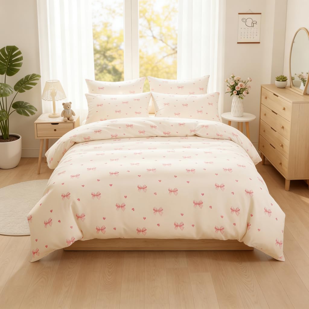 Covebett Bettwäsche Schleifen Mädchen Bettbezu Aesthetic Weich Microfaser Deckenbezug mit Reißverschluss und Kissenbezug