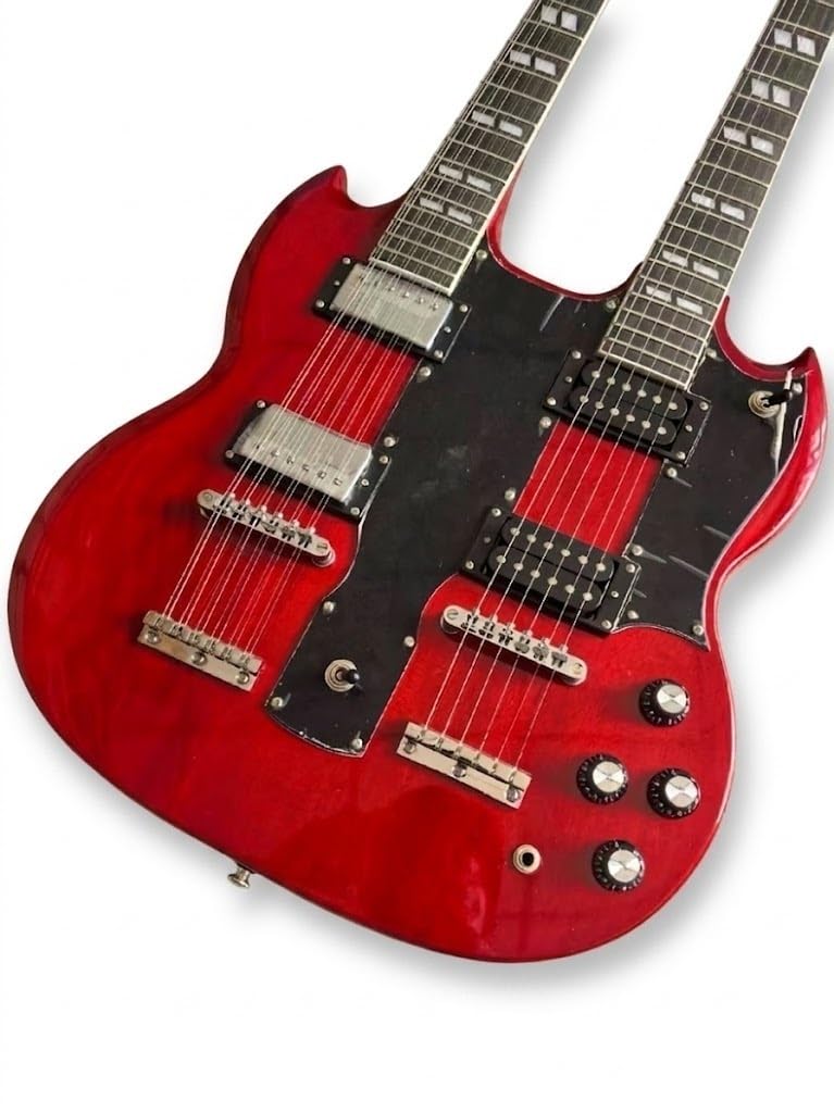 Chitarra elettrica a doppio manico con corpo solido, rossa a 6 e 12 corde humbucker, dimensioni standard for palcoscenici rock classici (Guitarra Eléctrica)